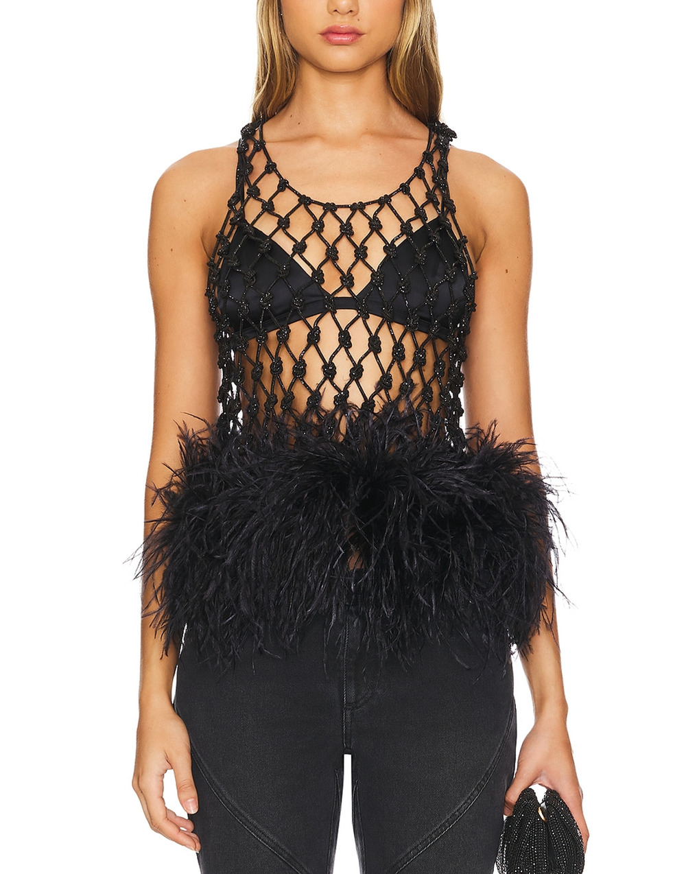 Santa Brands Embellished Black Feather Trim Mesh Tank Top Size XS / S